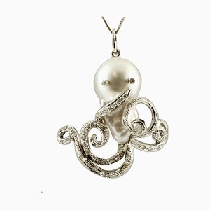 Diamonds, Baroque Pearl and14K White Gold Octopus Pendant