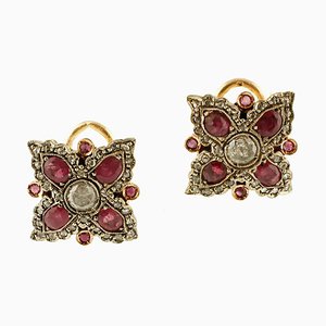 Diamonds, Rubies, 9K Rose Gold and Silver Earrings, Set of 2