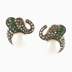 Elephant Earrings with Pearls, Diamonds, Emeralds, 18K Yellow Gold and Silver, Set of 2