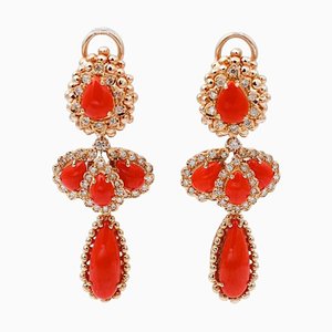 Coral, Diamonds and 14 Karat Rose Gold Dangle Earrings, Set of 2