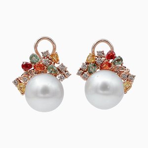 White Pearls, Diamonds, Multicolor Sapphires, and 14 Karat Rose Gold Stud Earrings, Set of 2