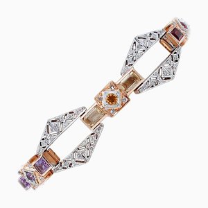 Diamond, Garnet, Topaz, Peridot, Amethyst, Diamond & 14Kt Gold Bracelet