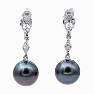 Grey Pearl, Diamond & 14 Karat White Gold Dangle Earrings, Set of 2
