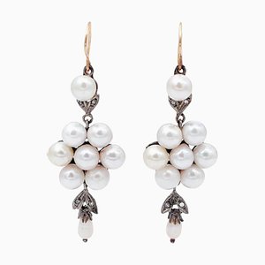 Pearls, Diamonds, 14 Karat Rose Gold and Silver Dangle Earrings, Set of 2