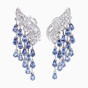 Blue Sapphires, Diamonds and 14 Karat White Gold Chandelier Earrings, Set of 2