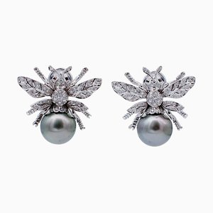 Diamonds, Sapphires, Grey Pearls and 14 Karat White Gold Fly Earrings, Set of 2