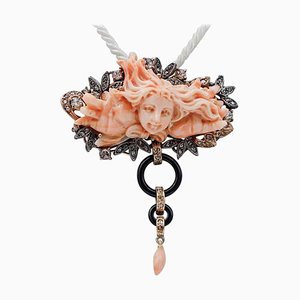 Diamond, Coral, Onyx, 14K Rose Gold and Silver Brooch or Pendant