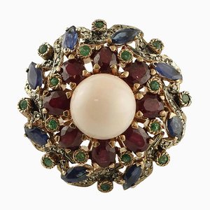 Coral, Emerald, Ruby, Blue Sapphire, Diamond, 9 Karat Gold and Silver Ring