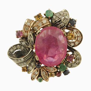 Rose Gold and Silver Ring with Diamonds, Rubies, Emeralds & Blue and Yellow Sapphires