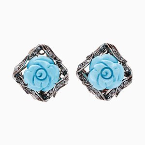 Turquoise, Diamonds, 9 Karat Rose Gold and Silver Stud Earrings, Set of 2