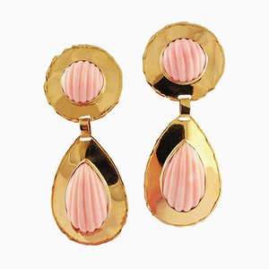 Engraved Pink Coral Spheres and Drops, 18k Yellow Gold Dangle Clip-on Earrings, Set of 2