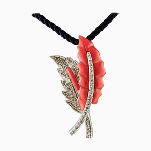 14 Karat White Gold Leaf Shaped Pendant Necklace with Diamonds & Red Coral