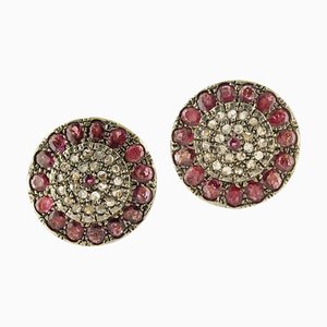 Rubies, Diamonds, Rose Gold and Silver Clip-on Earrings, Set of 2