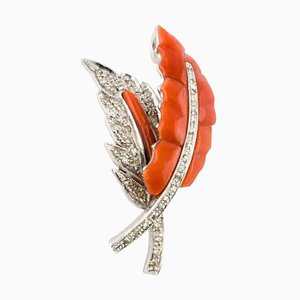 Diamond, Red Coral & 14K White Gold Leaf Shaped Pendant Necklace