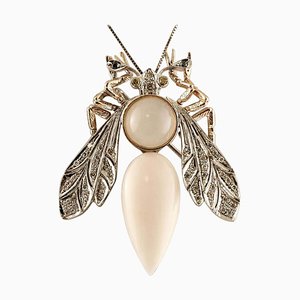 Pink Coral Drop, Diamond, Moonstone & White and Rose Gold Dragonfly Brooch