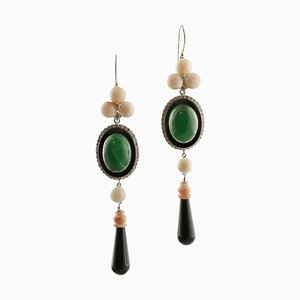 Boucles d'Oreilles Diamants, Corail Rose, Agate Verte, Onyx et Or Blanc 14K, Set de 2