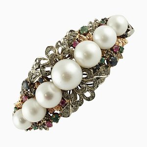 Bracelet Rigide Artisanal Antique avec Diamants, Rubis, Émeraudes, Saphirs, Perles, Or Rose et Argent