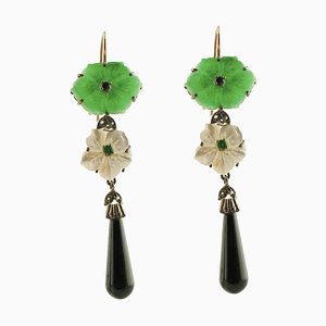 Handcrafted Diamonds, Blue Sapphires, Emeralds, Onyx, Green Agate and Mother-of-Pearl Earrings, Set of 2