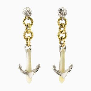 Handcrafted Anchor Diamond, Mother of Pearl, White and Yellow Gold Earrings, Set of 2