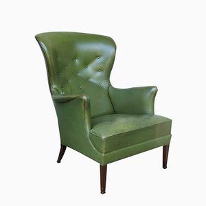Wingback Easy Chair with Provenance in Green Leather by Frits Henningsen, Denmark, 1950s