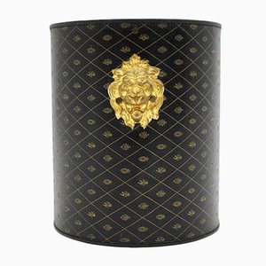 Black Gold Lion Vintage Leather Paper Basket, France, 1970s