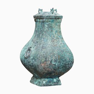 Jarra y tapa para recipiente de vino ritual chino de bronce