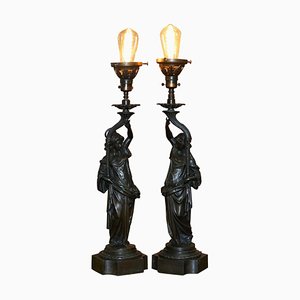 19th Century French Art Nouveau Solid Bronze Table Lamps Depicting Women, Set of 2