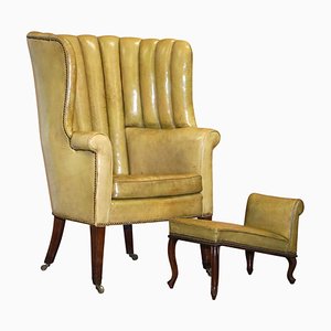 Regency Fluted Barrel-Back Leather Wing Armchair and Matching Stool, 1810s, Set of 2