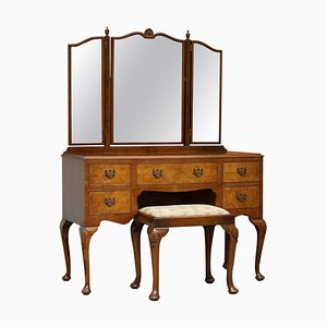 Figured Walnut Dressing Table with Trifold Mirrors & Stool, 1930s, Set of 2