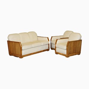 Art Deco Sofa & Sessel aus Nussholz & cremefarbenem Leder von Harry & Lou Epstein, 3er Set