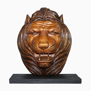 Grand Buste de Crinière de Lion Sculpté à la Main en Bois avec Base en Marbre Massif