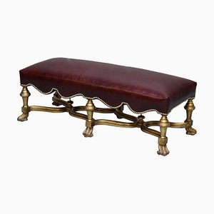 Italian Baroque Style Giltwood Bench or Stool in New Oxblood Leather, 1800s