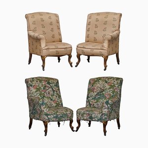 Fauteuils Victoriens Asymétriques en Bois Doré avec Housses d'Oiseau Brodées, Set de 2