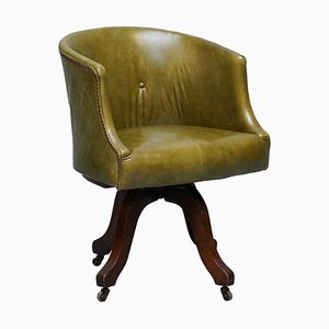 Early Victorian Green Leather Barrel Back Captain's Swivel Chair