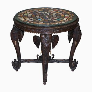 Burmese Hand-Carved Elephant Side Table with Pietra Dura Marble Top