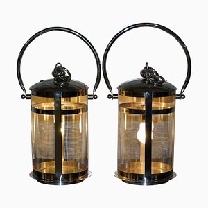 Lanterne cilindriche in vetro e metallo cromato, set di 2