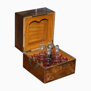 Victorian Rosewood Liqueur Box with Cranberry Glass Decanters