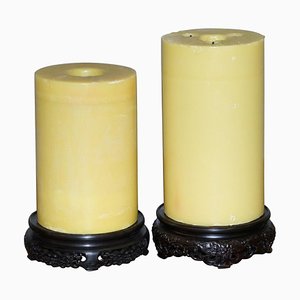 Large Vintage Chinese Church Candles with Carved Wood Base, Set of 2
