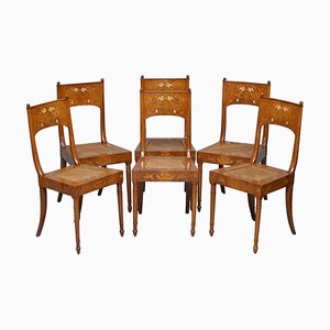19th Century Italian Walnut Putti Cherub Angel Inlaid Dining Chairs, Set of 6