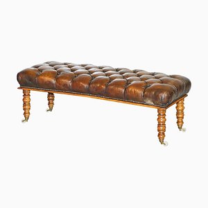 Regency Curved Walnut and Cigar Brown Leather Chesterfield Bench
