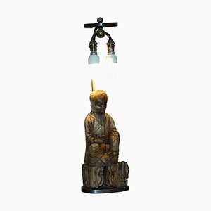 Lampe de Bureau en Bois de Racine Sculptée avec Statue de Bouddha, Chine, 1780-1800