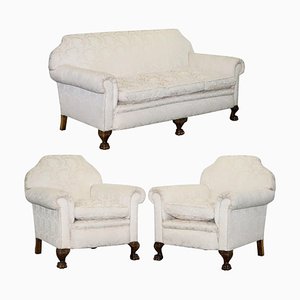 Victorian Damask & Carved Walnut Sofa & Armchair Suite with Lion's Paw Feet, Set of 3