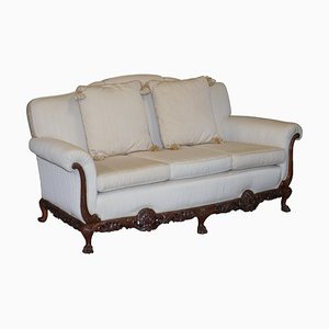 Ornately Carved Walnut 3-Seater Sofa with Lion's Paw Feet