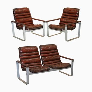 Braunes Ledersofa mit Chromgestell von Aarnio Pulkka Ilmari Lappland, 1960er, 3er Set