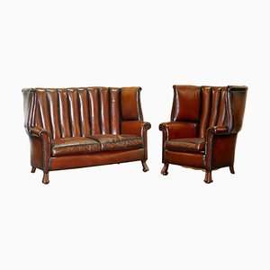 Juego de sofá victoriano enorme de cuero marrón, década de 1860. Juego de 2