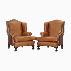 Fauteuils à Oreilles en Cuir Marron, 1860s, Set de 2