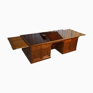 Viktorianischer Eichenholz Partner Schreibtisch aus Braunem Leder