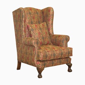 Vintage Wingback Armchair with Claw & Ball Feet and Kilim Style Upholstery