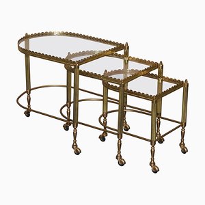 Mid-Century Brass & Glass Nesting Trolley Tables from Maison Bagues, France, Set of 3
