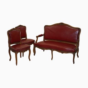 Oxblood Französische Salon Sessel & Sofa, 3er Set
